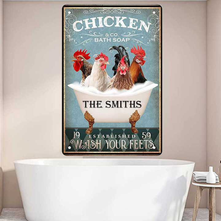 Personalized Chicken Bathtub Bathroom Metal Wall Art, Chicken Metal Sign for Farm Bathroom Decor