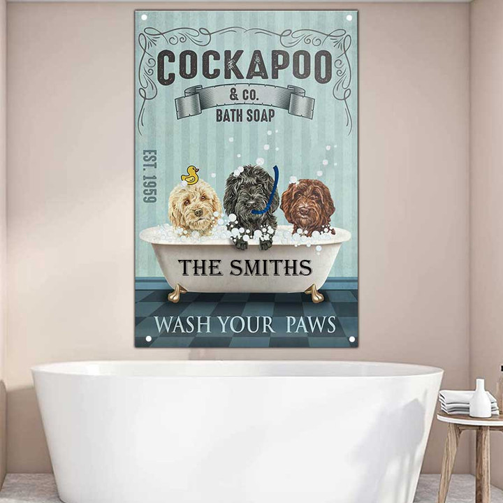 Personalized Funny Cockapoo Bathtub Bathroom Metal Wall Art, Cockapoo Wash your Paws Sign