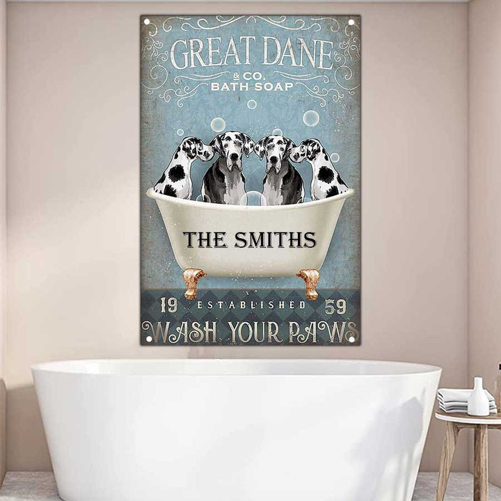 Personalized Funny Great Dane Bathtub Bathroom Metal Wall Art, Great Dane Wash your Paws Sign
