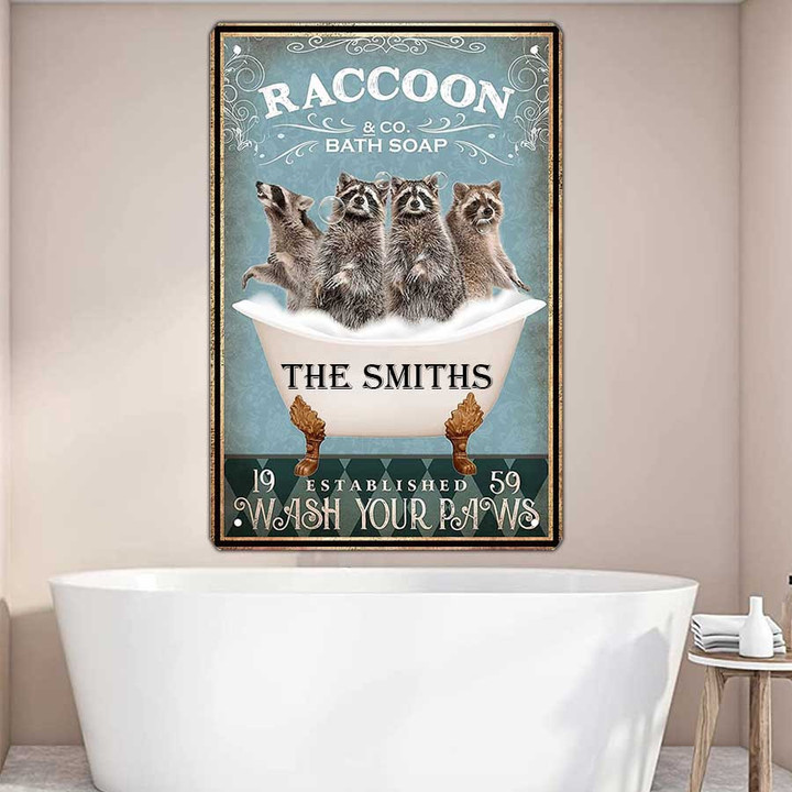 Personalized Funny Raccoon Bathroom Metal Wall Art, Wash Your Paws Vintage Sign