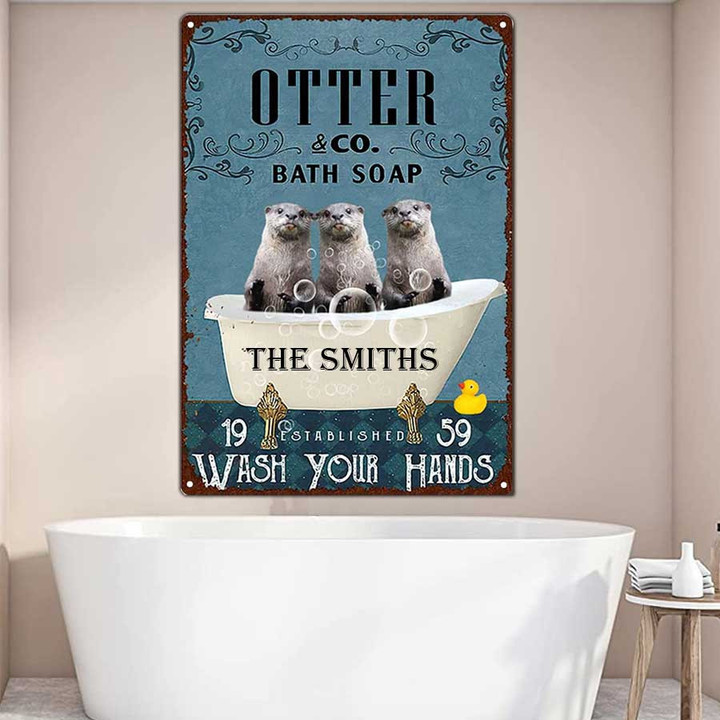 Personalized Funny Otter Bathroom Metal Wall Art, Otter Wash Your Hands Vintage Metal Sign