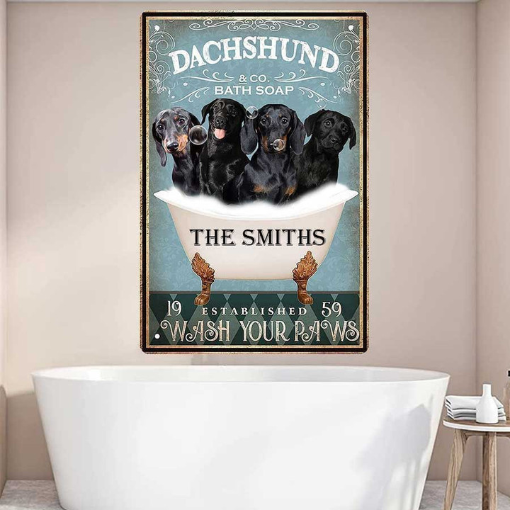 Personalized Funny Black Dachshund Bathtub Bathroom Metal Wall Art, Black Dachshund Metal Sign for Bathroom Decor