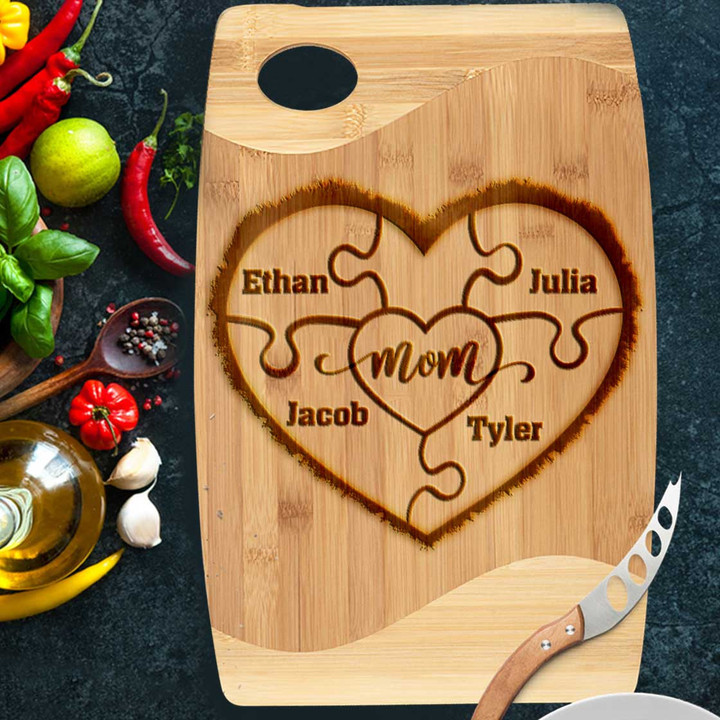 Personalized Mom Puzzle with Kid Pieces Cutting Board Kitchen Utensil, Mom Birthday Gift