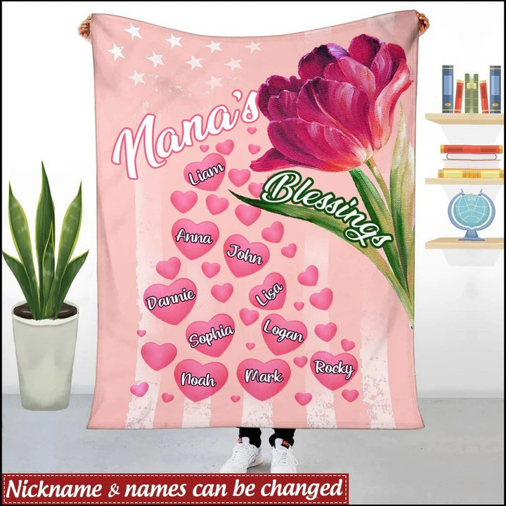 Mom's Blessings Tulip with Hearts Son and Daughter Names Throw Blanket