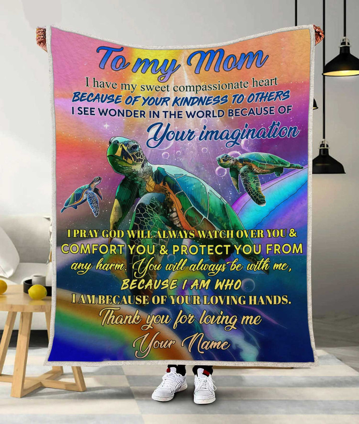 Turtle Mom Blanket, Gift for Mother Turtle Loves, Custom Name Gift from Daughter