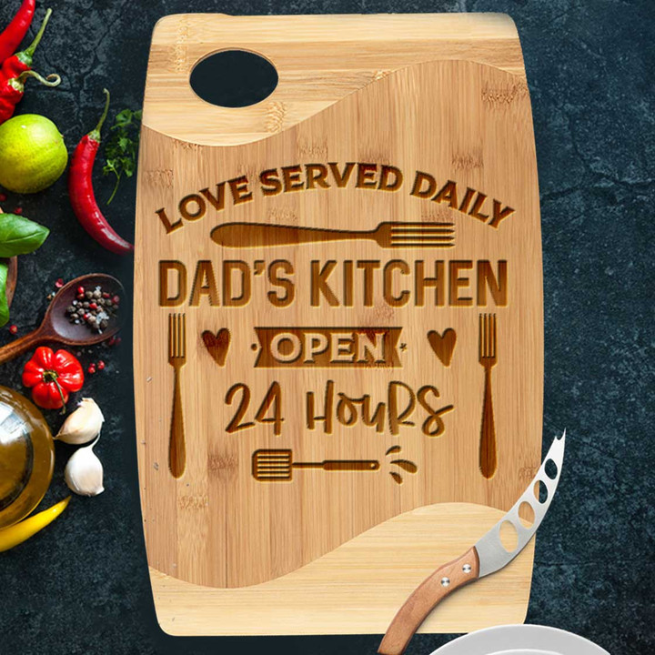 Personalized Dad Kitchen Cutting Board, Love Served Daily Dad's Kitchen Open 24 Hour
