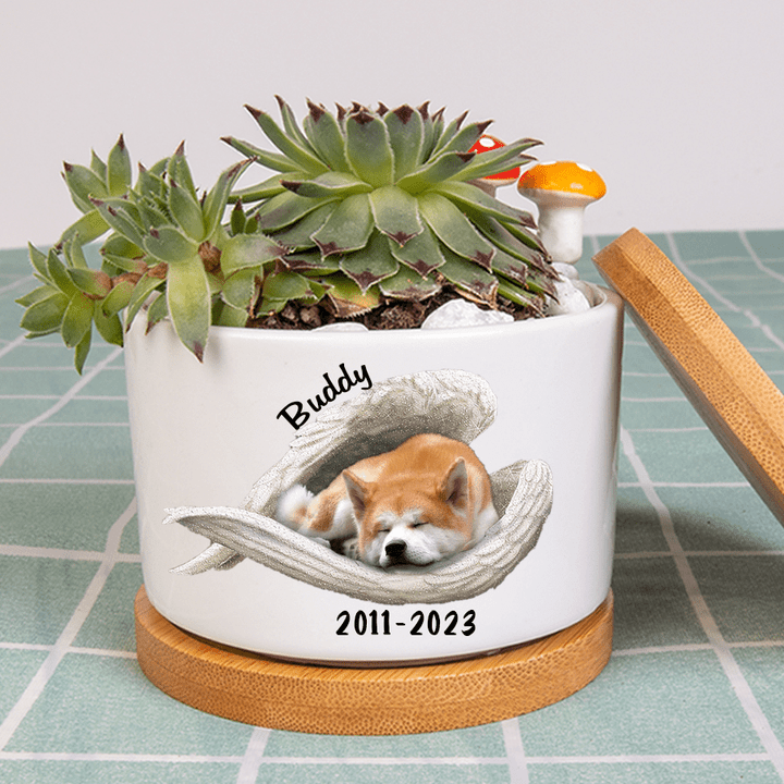 Personalized Akita Angel Plan Pot In The Wings Ceramic Memorial Dog Gifts, Loss of Dog Flower Pot Gift