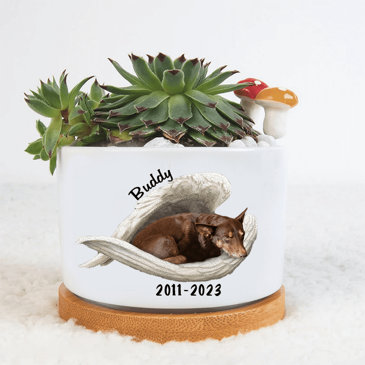 Personalized Australian Kelpie Angel Plan Pot In The Wings Ceramic Memorial Dog Gifts, Loss of Dog Flower Pot Gift