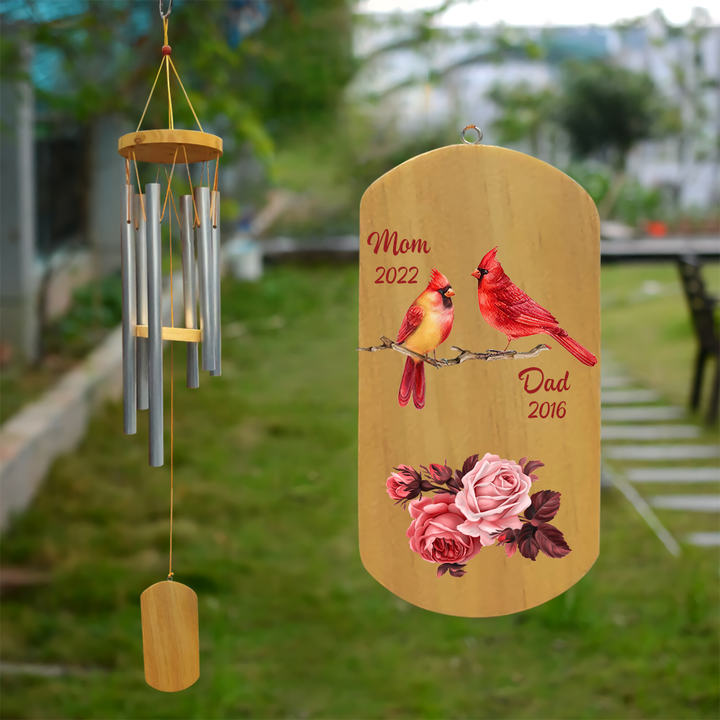 Cardinal Floral Frame Memorial Personalized Circle Wind Chime, Mom Dad Memorial Gift - Loss of Father Mother Sympathy