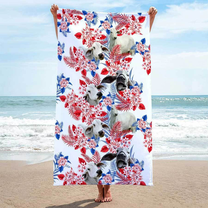 Funny Brahman Cattle Hawaiian Inspiration Beach Towel for Men, Farmers, Brahman Lovers