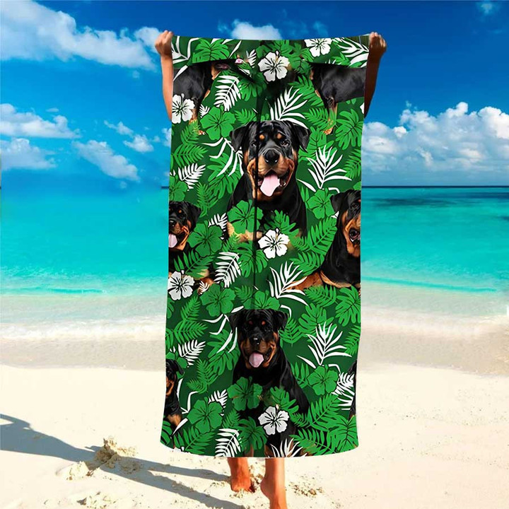 Personalized Funny Rottweiler Floral Pattern Aloha Hawaiian Beach Towel for Women, Dog Lovers