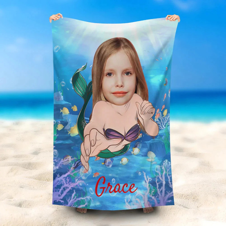 Custom Face Photo Beach Towel for Girl, Kids Mermaid In Aquarium, Find Treasure Beach Towel
