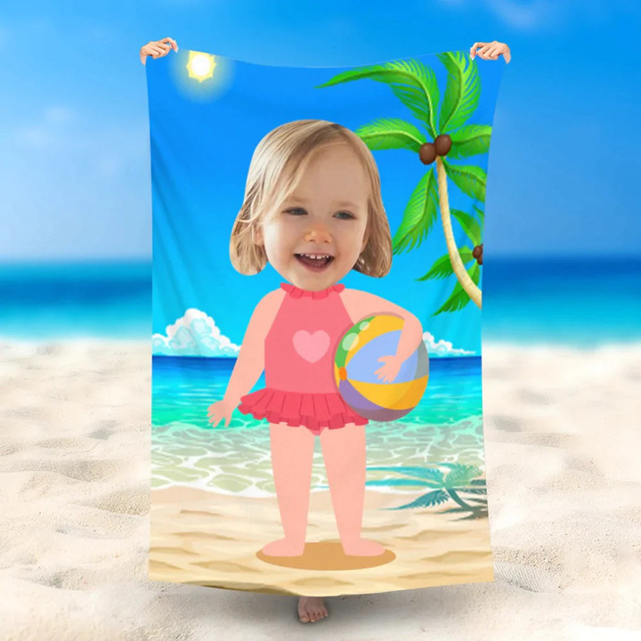 Custom Photo Face Girl Beach Towel, Girl Holds Ball go to the Beach Towel