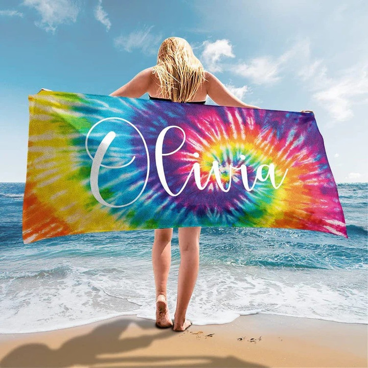Tie Dye Style Personalized Beach Towel with Name for Women, Men, Boy, Kids