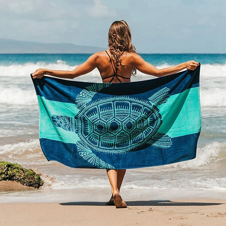 Customized Turtle Beach Towel for Women, Tropical Blue Colors with A Unique Design Beach Towel for Kids, Adults