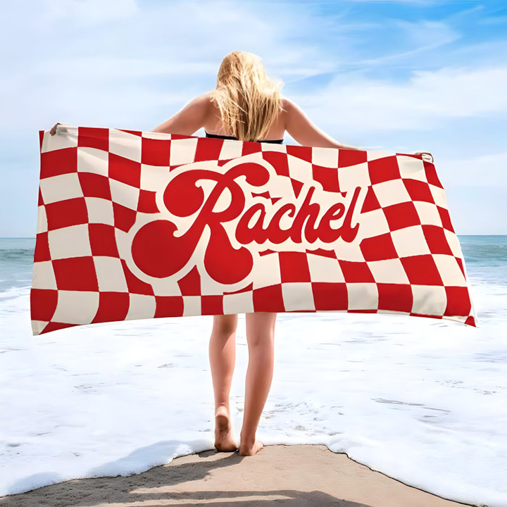 Personalized Checkerboard Beach Towel, Caro Style, Chess Pattern Beach Towel for Women, Men