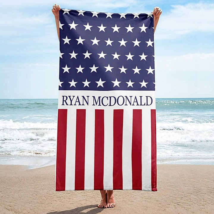 US Flag 4th of July Personalized Beach Towel With Name Outside Birthday Vacation Gift