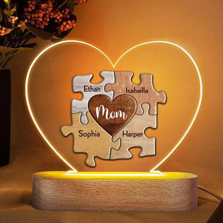 Personalized Puzzle Mom Night Light Bedroom Decor, Mom and Son, Daughter Names Led Light for Bedroom