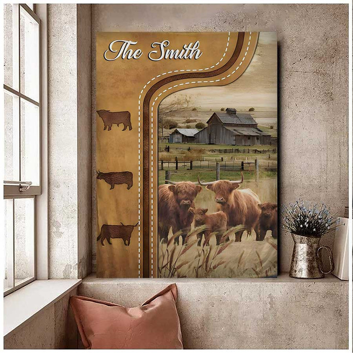 Dilypod Personalized Highland Cattle In Field Farmhouse Wall Art, Highland Canvas for Dad, Husband