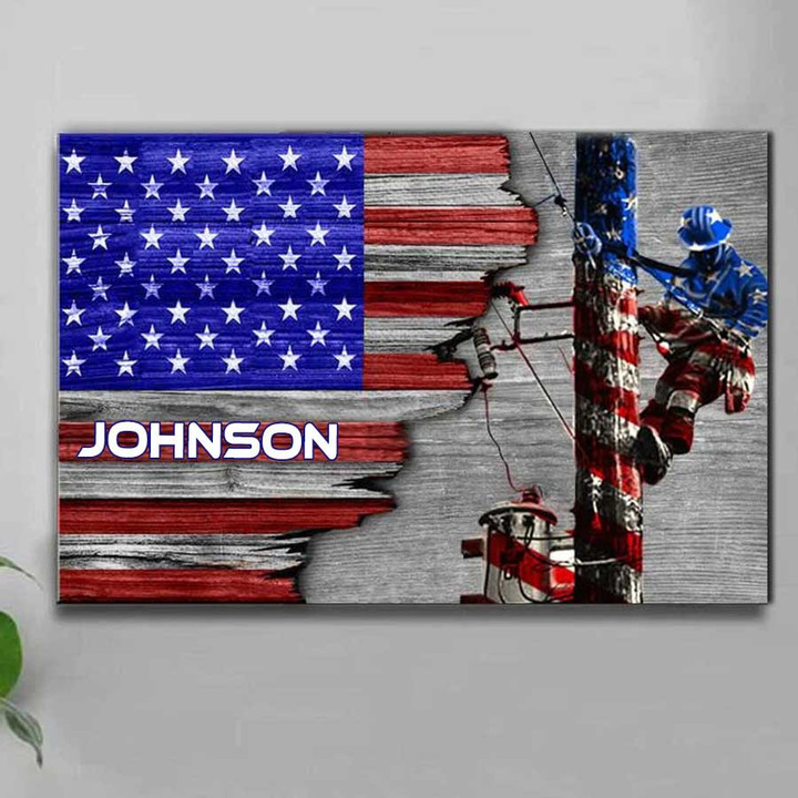 Personalized US Flag Lineman Canvas for Husband, Dad Lineman Wall Art