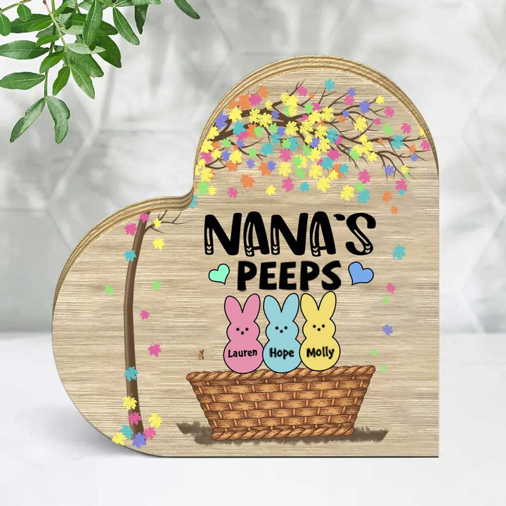 Personalized Nana's Peep Heart Shaped Wooden Plaque, Custom Easter's Day Grandma and Grandkids Wood Sign