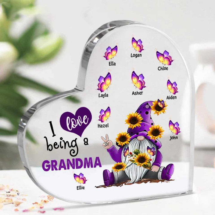 Personalized Gnome Grandma Heart Shaped Acrylic Plaque, I love being Grandma with Grandkids Sign