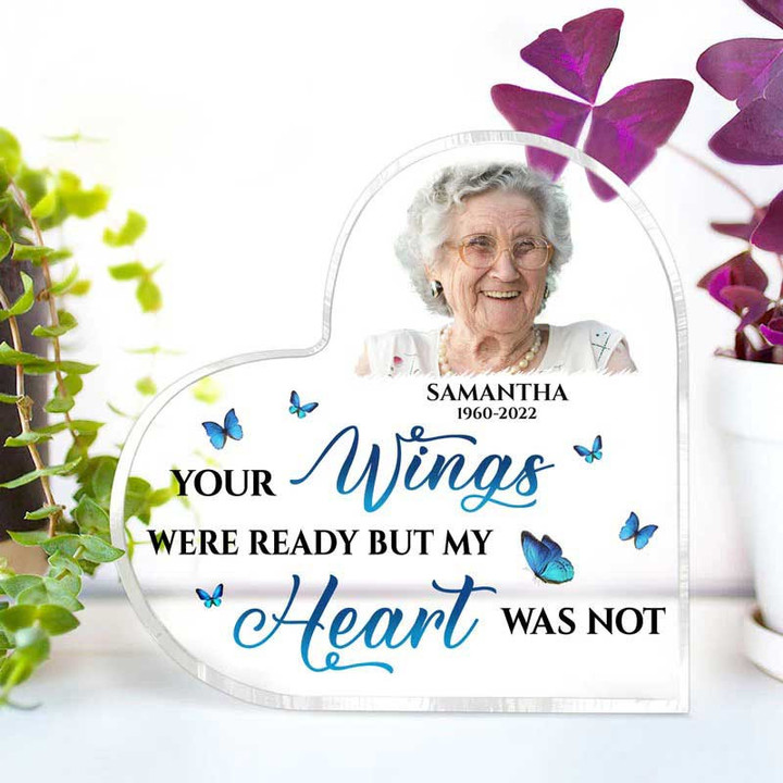 Personalized Keepsake, Memorial Gift Heart Acrylic Plaque, Custom Photo Bereavement Gift, Your Wings Were Ready