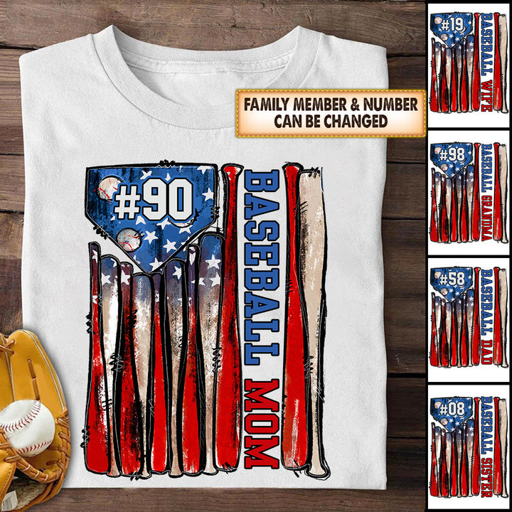 Personalized Baseball American Flag, Baseball Mom T Shirt, Custom Name and Number
