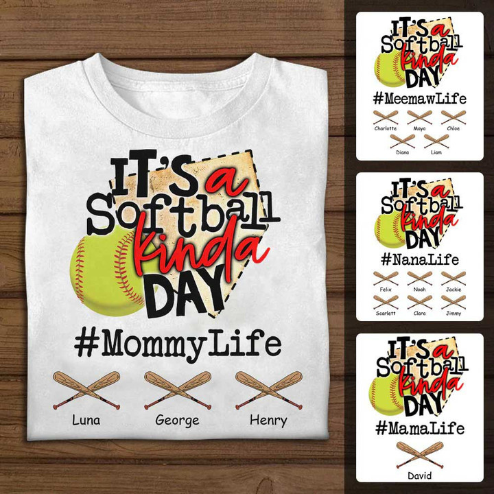Personalized Softball Mom Shirt with Son and Daughter Name, Mom Life It's A Softball Kinda Day