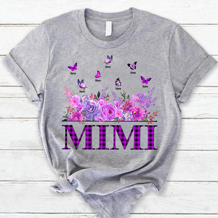 Personalized Mimi And Grandkids Purple Flower With Butterflies Shirt For Grandma, Nana Shirt