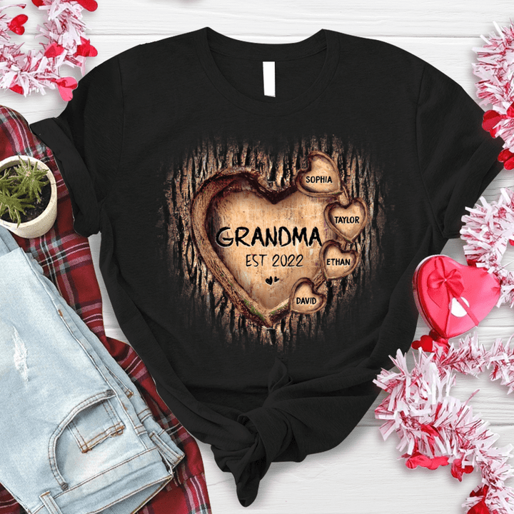 Personalized Heart Wooden Tree Grandma T Shirt, Gift for Nana, Mimi, Grandma
