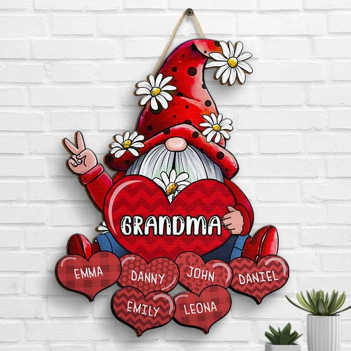 Personalized Gnome Grandma Sweet Heart Wall Decor, Gift For Mom, Grandma Custom Shaped Wood Door Hanger