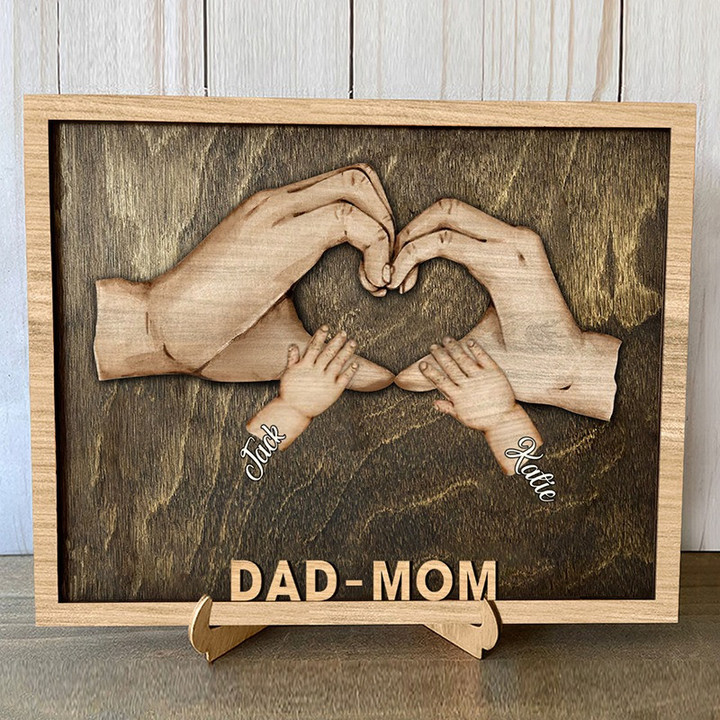 Personalized Loving Hand Dad and Mom Wood Sign Table Decor for Bedroom, Husband Wife and Kid Wood Sign