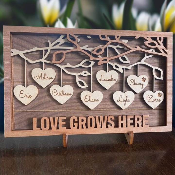 Custom Family Tree Wood Sign Table Decor for Living Room, Gift for Mom Layers Wood Sign Plaque, Love grow here