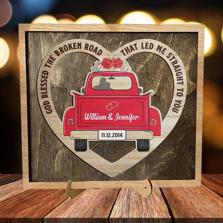 Personalized Couple Red Truck Layers Wood Sign for Bedroom, God Blessed The Broken Road Shaped Wood Sign