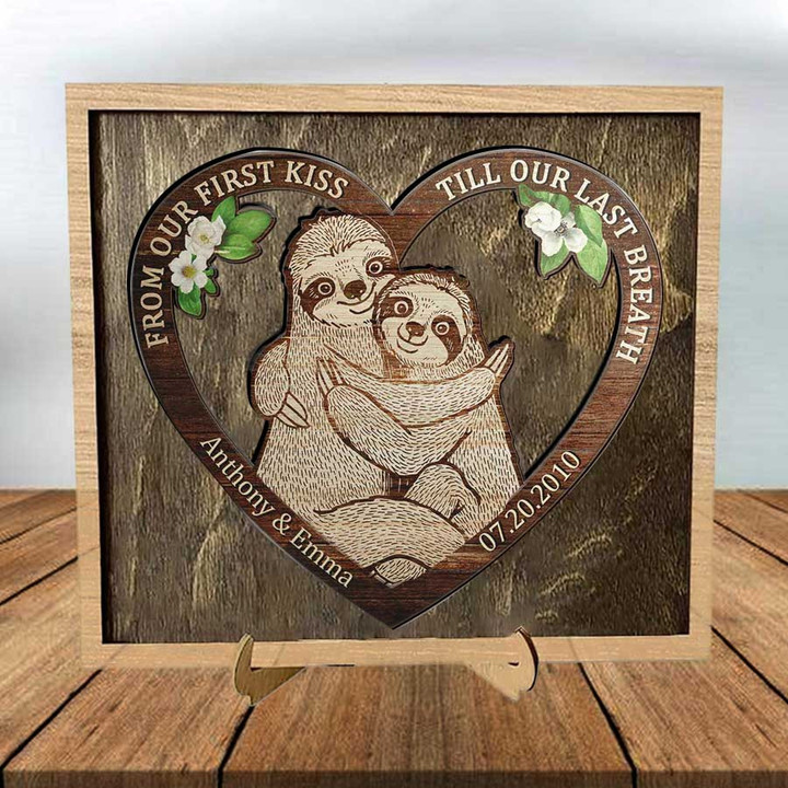 Personalized Sloth Couple Layers Wood Sign Table Decor, Gift for Wife, From Our First Kiss Bedroom Sign