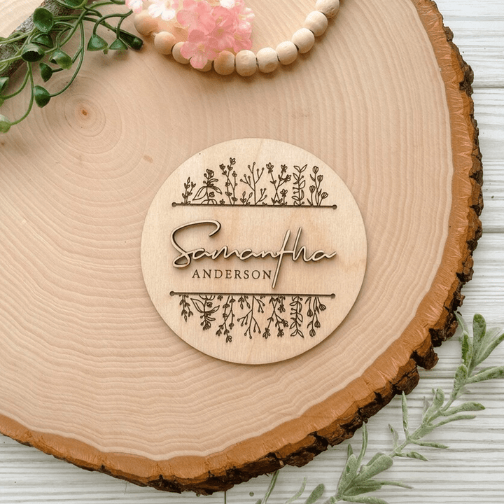 Custom Wooden Baby Name Round Sign - 2 Layers, Wooden Baby Birth Announcement, Custom Baby Name Sign