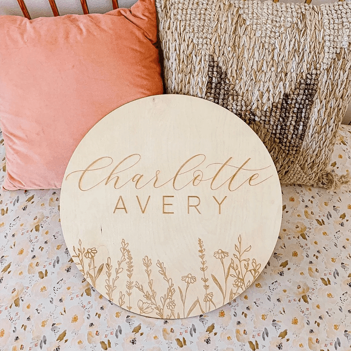 Wooden Baby Name Sign, Baby Name Plaque, Name Announcement Plaque, Wildflower Nursery Decor