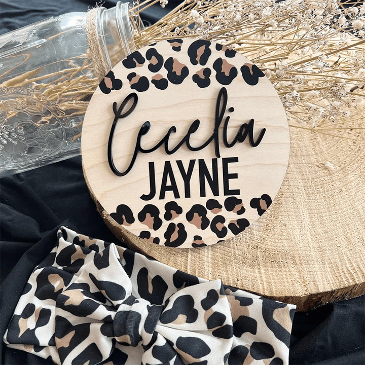 Leopard Personalized Wooden Baby Name Sign, Newborn Sign, Birth Announcement, Hospital Birth Announcement