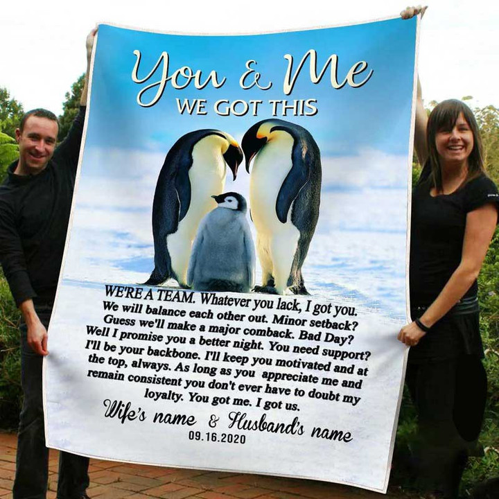 Personalized Penguin Couple Throw Blanket, You and me We got this, Gift for Wife Fleece Blanket