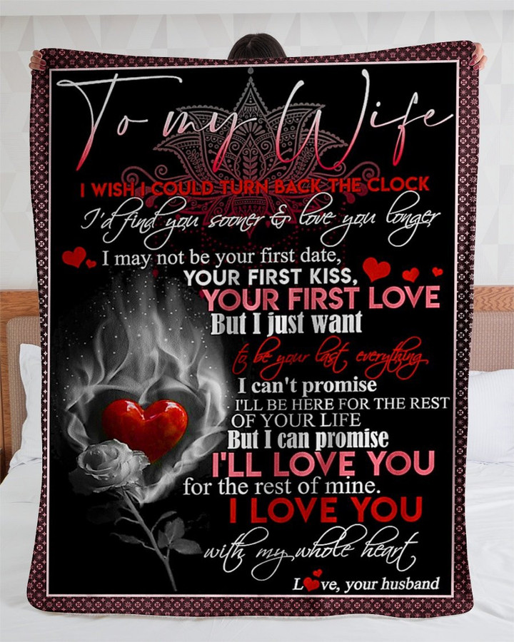 Rose Red Heart To My Wife Throw Blanket from Husband for Wife Birthday, Anniversary, I Wish I Could Turn Back The Clock Blanket