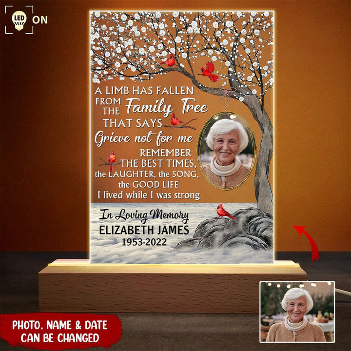 Customize Photo Family Loss Cardinal A Limb Has Fallen Memorial Gift Acrylic Plaque LED Lamp Night Light