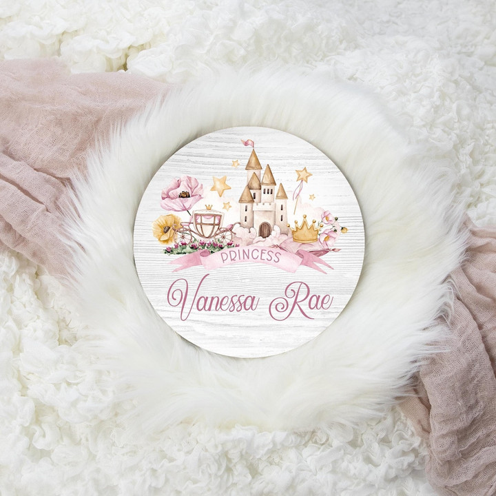 Baby Princess Round Wood Name Sign, Baby Name Sign, Girl Castle Baby Sign, Baby Announcement Sign, Princess Nursery