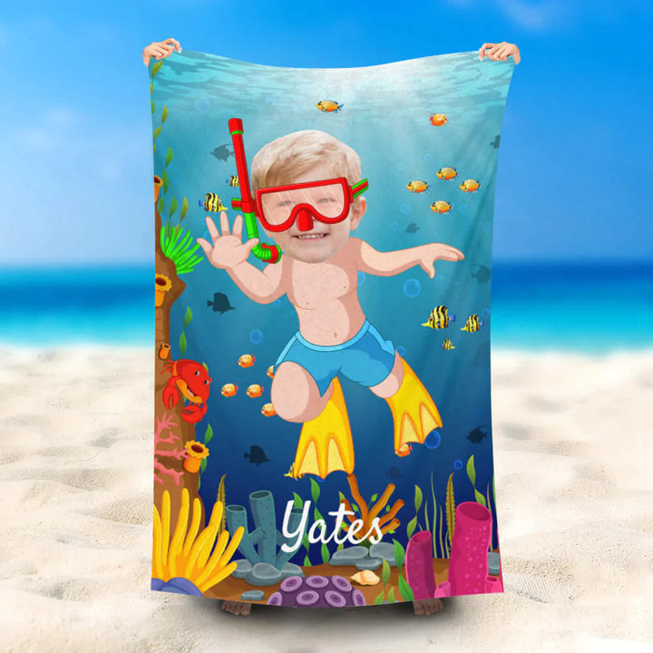 Custom Face Photo Boy & Girl Diving Beach Towel, Funny Diving Bath Towel Pool Towel