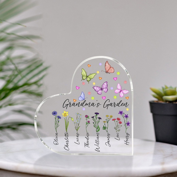 Personalized Grandma Heart Acrylic Plaque, Grandma's Garden Acrylic Plaque, Birth Month Flower Family