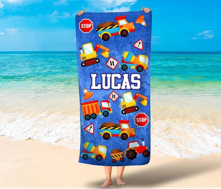 Personalized Construction Boys Beach Towel, Excavator, Truck Kid Bath Towel for Boys