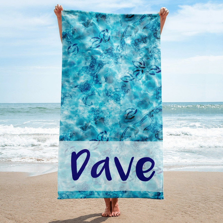 Personalized Large Beach Towel, Hidden Ocean Sharks Stingray and Sea Turtles Bath Towel