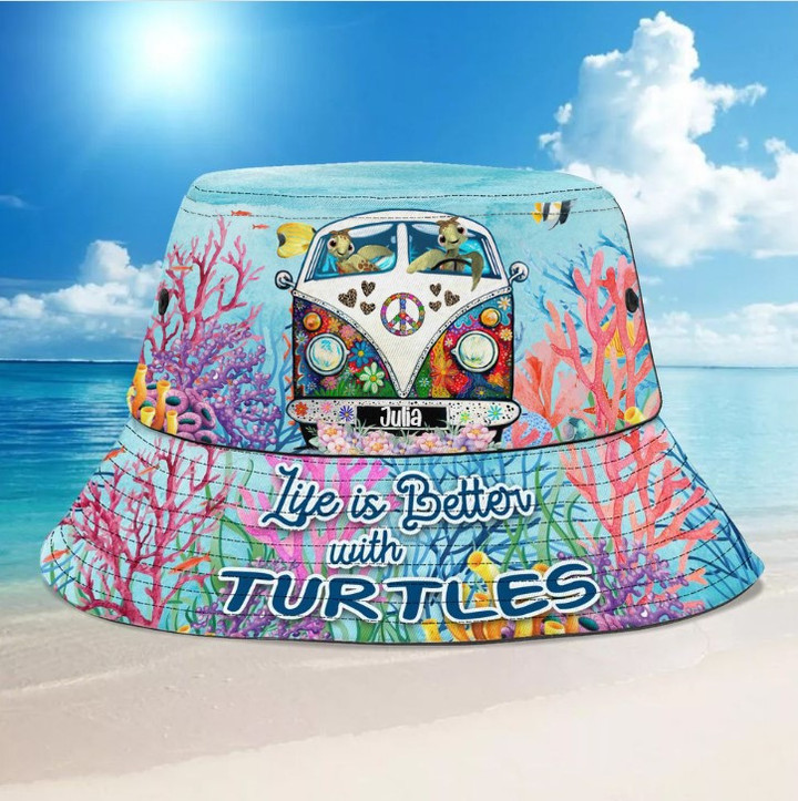 Custom Coral Turtle Car Bucket Hat for Turtle Lovers, Ocean Pattern Turtle Bucket Hat, Life is better with Turtle