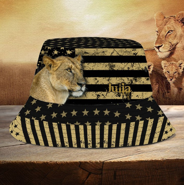 Personalized Lion Queen, Lion King Bucket Hat for Women, Men US Flag Hat