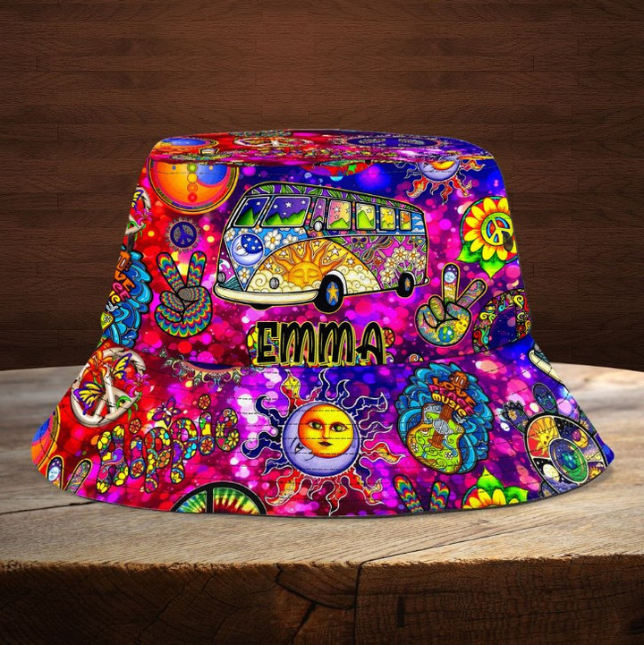 Customized Hippie Car Bucket Hat for Girl, Custom Name Colorful Hippie Girl Hats